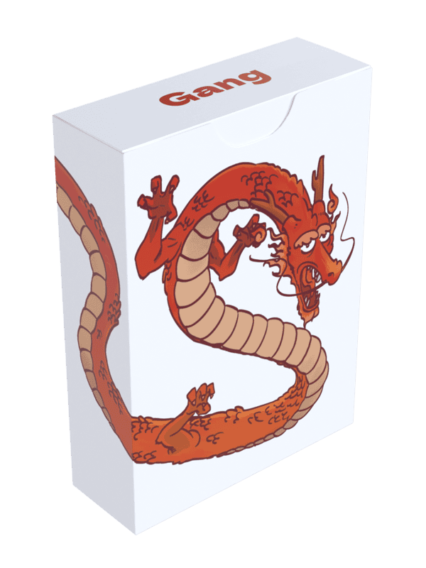 Game box The game box. The box features a cartoon-style Chinese dragon. Its long, red, scaly body curls across the different sides of the box. On the top of the box, the word “Gang” is written in red.