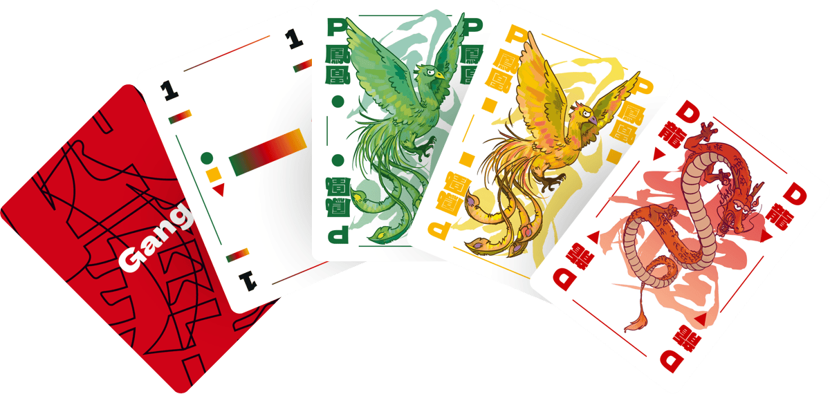 5 cards preview 5 cards of the game. From left to right: a card back, the multicolor 1, the green phoenix, the yellow phoenix, and the red dragon.