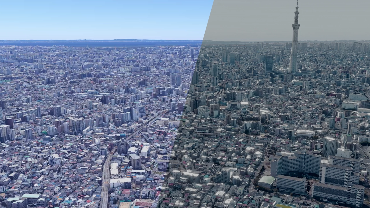 Compositing before/after A wide aerial view of Tokyo, as if taken from a helicopter. It's actually a 3D view from Google Maps. The image is cut in two. On the left, the city appears to be sunny, the sky is bright and blue and the colors are vivid. On the right, the colors are sad and gray, the sky is greenish, and the atmosphere is depressing.